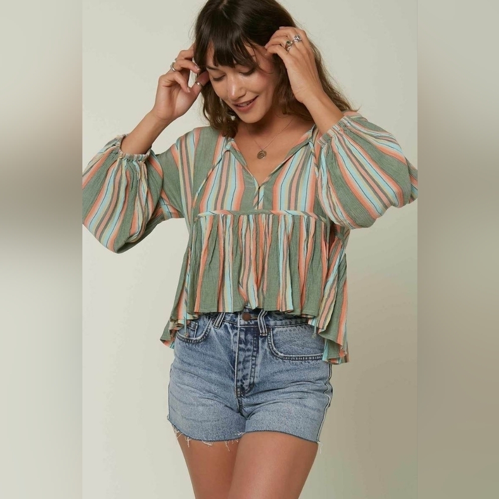 NEW O'Neill Women XS Rosie Striped Surfer Skate Beach Drop Shoulder Top Shirt